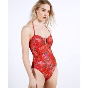 NWOT Ted Baker London Womens Designer Floral Yuliaa U Bar One Piece Swimsuit Red